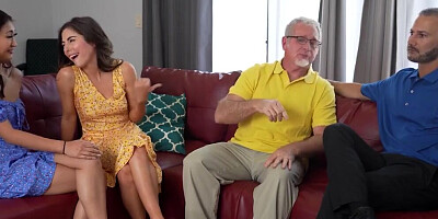 Two juicy girls are spanked while riding old guys in this 4some