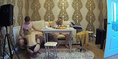 Dad and son are sharing one slutty blonde MILF in a threeway