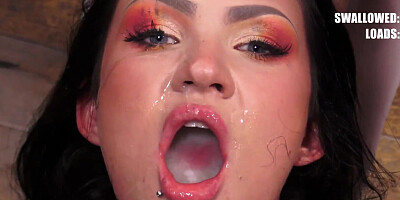 Cum-thirsty brunette is fed with a lot of semen while sucking