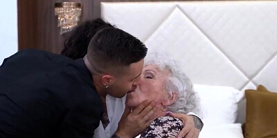 Kinky inked couple is having a threeway with naughty grandma