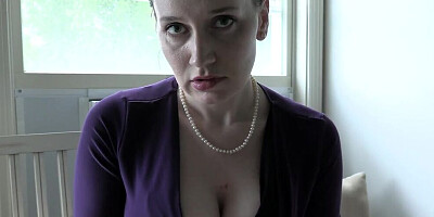 Amateur housewife kneels down with tits out and sucks a dick