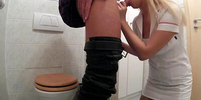 Horny blonde nurse in black high heels sucks patient's dick for a sperm sample