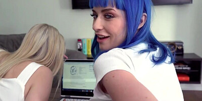 Blue-haired and blonde schoolgirls are getting their cunnies stuffed by a handsome dude