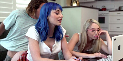 Blue-haired and blonde schoolgirls are getting their cunnies stuffed by a handsome dude