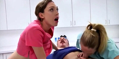Two naughty nurses are treating the patient's dick with a dual blowjob
