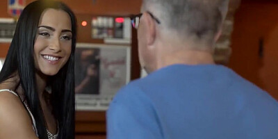 Dirty old man fucks a juicy brunette girl on the table