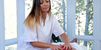 Daughter practices massage on stepdad