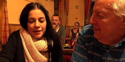 Amateur teen harlot exchanged oral pleasures with a chubby old man at a bar