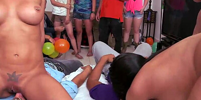 Naughty brunettes are making out and fucking at this sex party