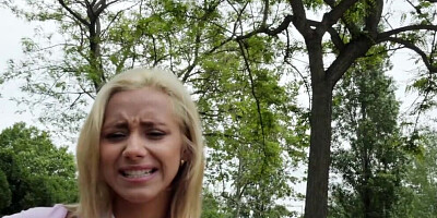 Petite blonde chick kneels on that man and sucks his hard pecker