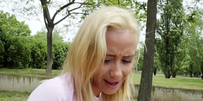 Petite blonde chick kneels on that man and sucks his hard pecker