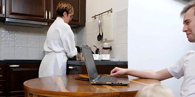 Girl with playful eyes hides from stepmom for quick sex with stepbro in bed