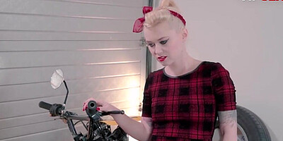 Handsome blonde Misha Cross gets turned on with her biker boy