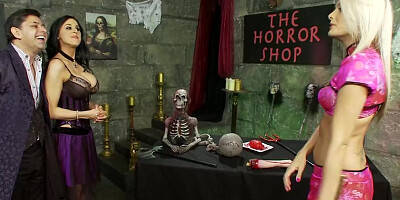 Busty brunette chick sharing a fat shaft with a blonde slut