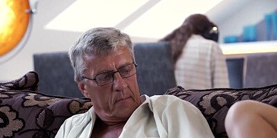 Old man bangs attractive cutie behind son's back