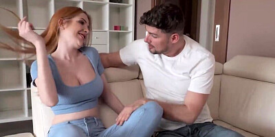 Pale redhead seduces a hunk with her massive boobs