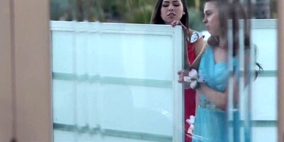 Two lovely teen chicks fucked by horny studs in swinging 4some