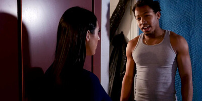 Brunette cougar Angela White is fucked by a black stud on the couch