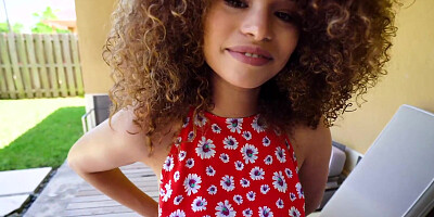 All natural black beauty keeps her panties on and reveals her tits