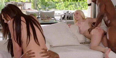 Brunette and blonde are choking on two BBC before getting their cunnies stuffed