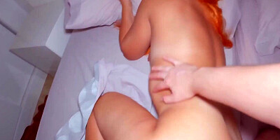 Stepmother and stepson share a bed in a hotel room. Stepmom with a beautiful ass excited her stepson and the stepson fucked his stepmom and cum in her pussy