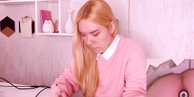 Helping my stepsister with homework but she's too distracted with vibro plug in her ass!