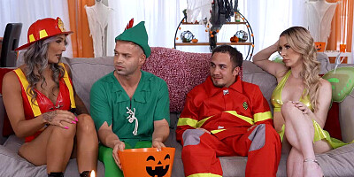 Horny stepmoms sexy night with their stepsons on their halloween party