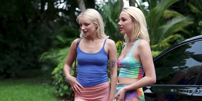 Duo of blonde hussies was eager to share the teen's big cock in a threesome
