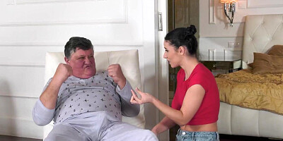 Busty Romanian teen housekeeper Nelly Kent taking care of old mans cock