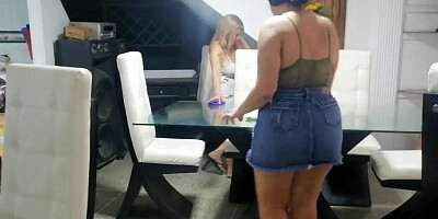 Chubby MILFs are sucking each other's tits in the kitchen