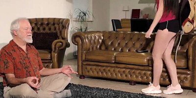 Teen Interrupts Grandpa from Yoga and Sucks his Cock Wet and Hard