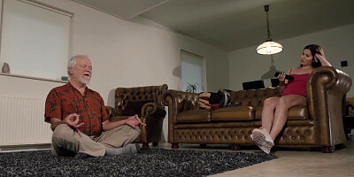Teen Interrupts Grandpa from Yoga and Sucks his Cock Wet and Hard