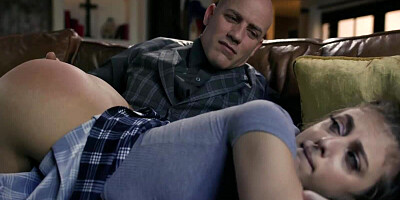 Bald stallion is punishing his teen stepdaughter by spanking her