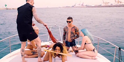 Public BDSM party with naked freakish babes on the yacht sailing in the open waters