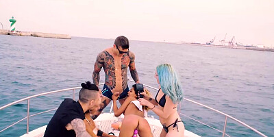 Public BDSM party with naked freakish babes on the yacht sailing in the open waters
