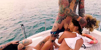 Public BDSM party with naked freakish babes on the yacht sailing in the open waters