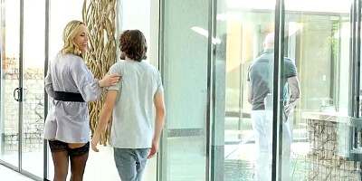 Busty blonde Olivia Austin fucks with stepson on the couch