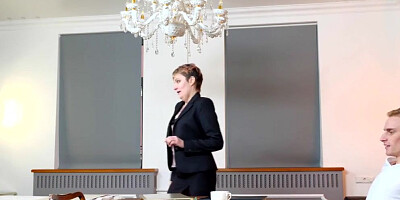 TUTOR4K. Mature woman with short haircut gives muff to younger man for sex