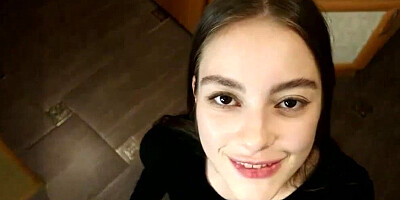 Brunette pulls panties aside to receive a hard cock from behind