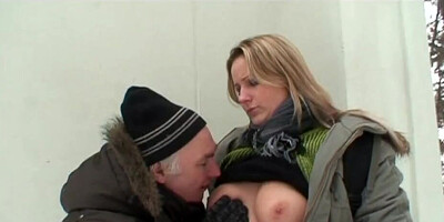 Samantha Jolie sucks stranger's cock out in the open and gets bonked