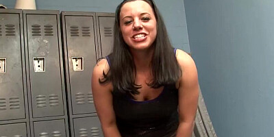 Brunette girl sucks a cock in the locker room and swallows semen