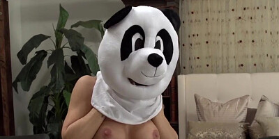 Lovers are dressed as two panda bears while enjoying outdoor fucking