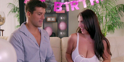 Busty MILF celebrating her birthday gets oiled and fucked by her young visiting friend