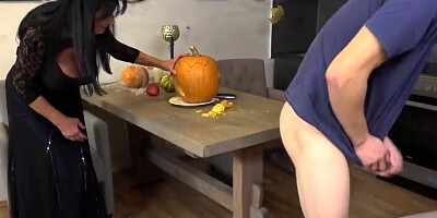 Busty cougar caught her freaky stepson fucking a pumpking pie