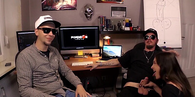 Men talk in studio while girl gives a blowjob and sucks deep