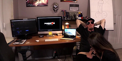 Men talk in studio while girl gives a blowjob and sucks deep