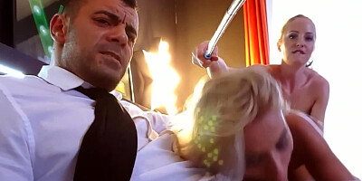 Two foxy blondes and one man are having a steamy FFM threesome