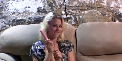 Teen blonde doing her first naked dildo video in her step moms illinois basement