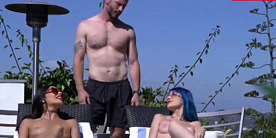 Summer sun makes two slutty chicks crave a big cock in their mouths