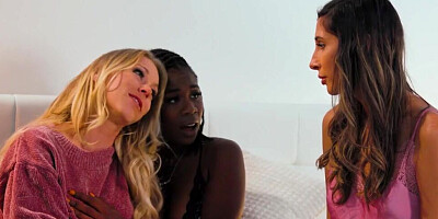 Ebony angel participates with two white lesbians in an interracial oral sex threesome